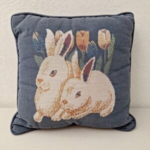 Vintage Tapestry Throw Pillow Bunny Rabbit Farmhouse Rustic Cottage Pillow 12x12